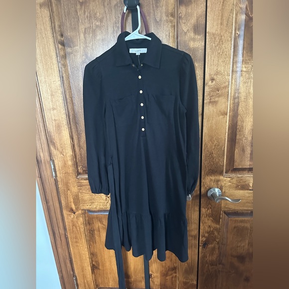 LOFT Black Long Sleeve Button-Front Tie-Waist Shirt Dress - Picture 2 of 7
